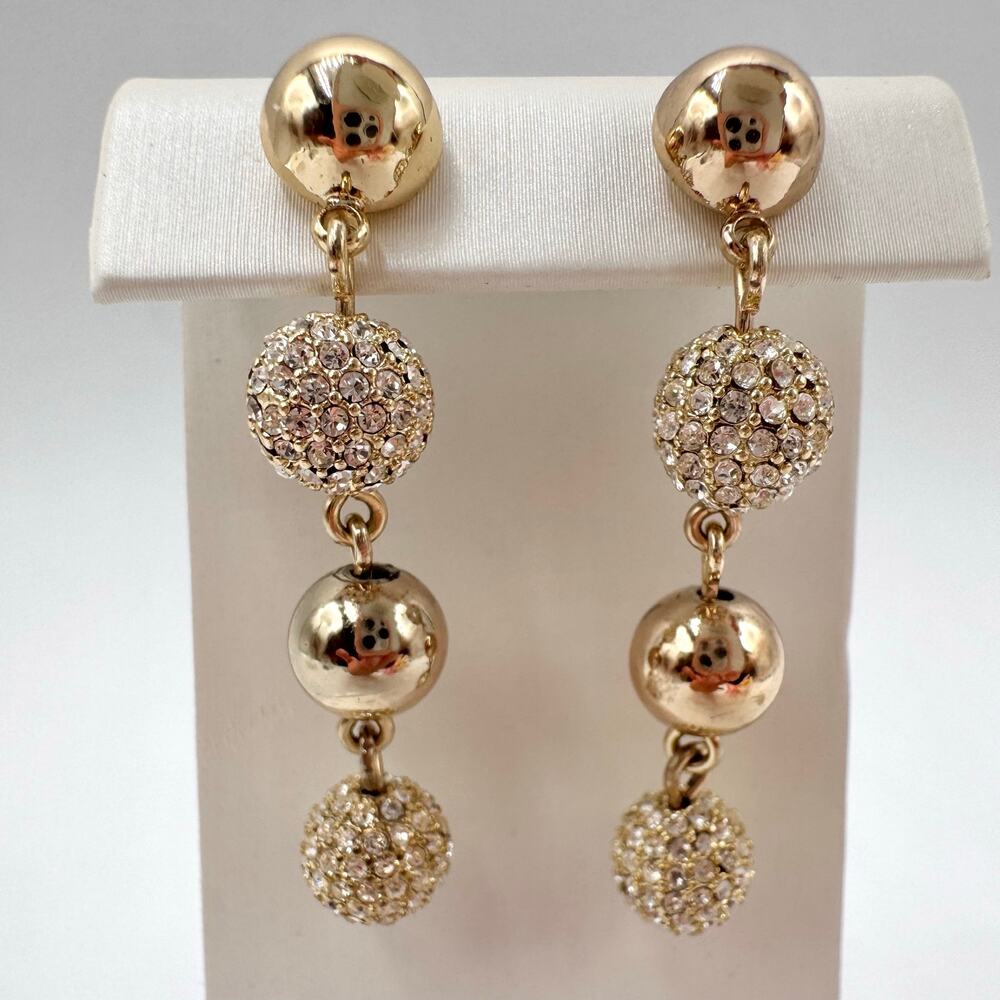 J.Crew Pave Rhinestone Ball Drop Earrings Gold Tone Holiday Party Christmas